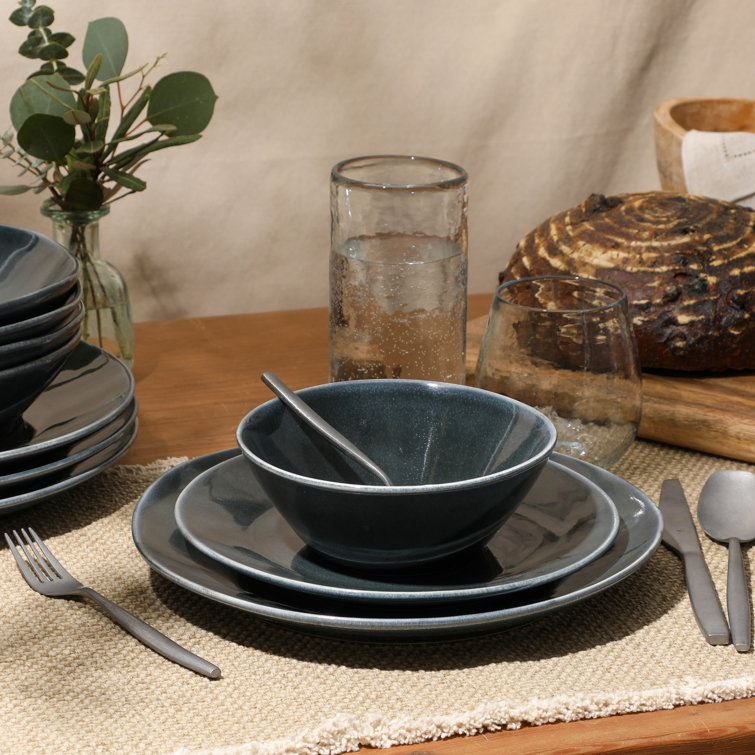 Montecito Breeze Glossy Blue Ceramic Dinnerware Set, Service for 4