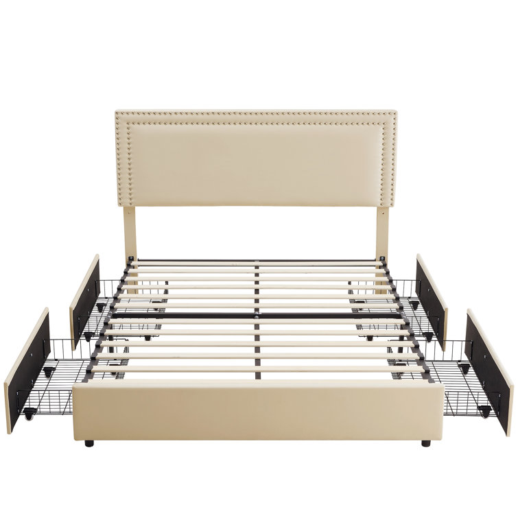 Beige Velvet Upholstered Queen Platform Bed with Storage Drawers