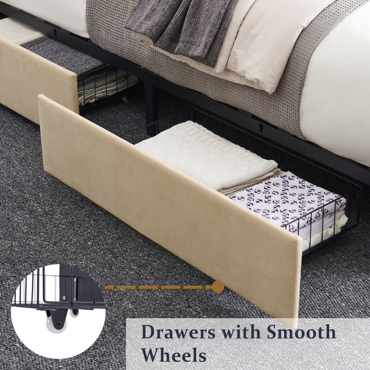 Beige Velvet Upholstered Queen Platform Bed with Storage Drawers