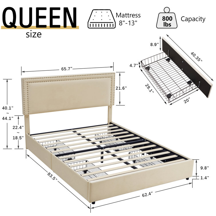 Beige Velvet Upholstered Queen Platform Bed with Storage Drawers
