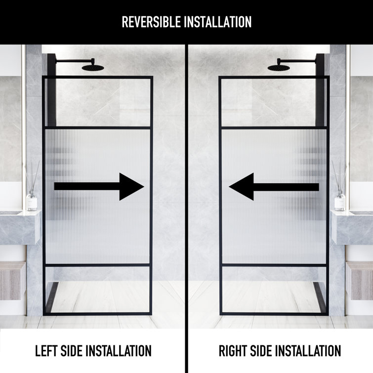 Essex Matte Black 34" x 74" Framed Fluted Glass Shower Screen