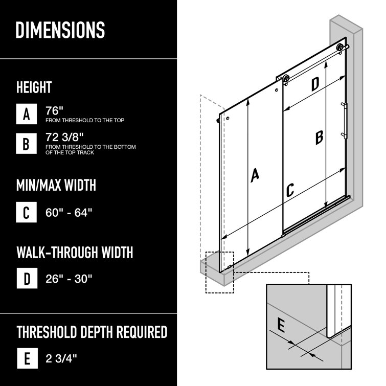 Cass 64" Wide Frameless Sliding Shower Door with Stainless Steel Hardware