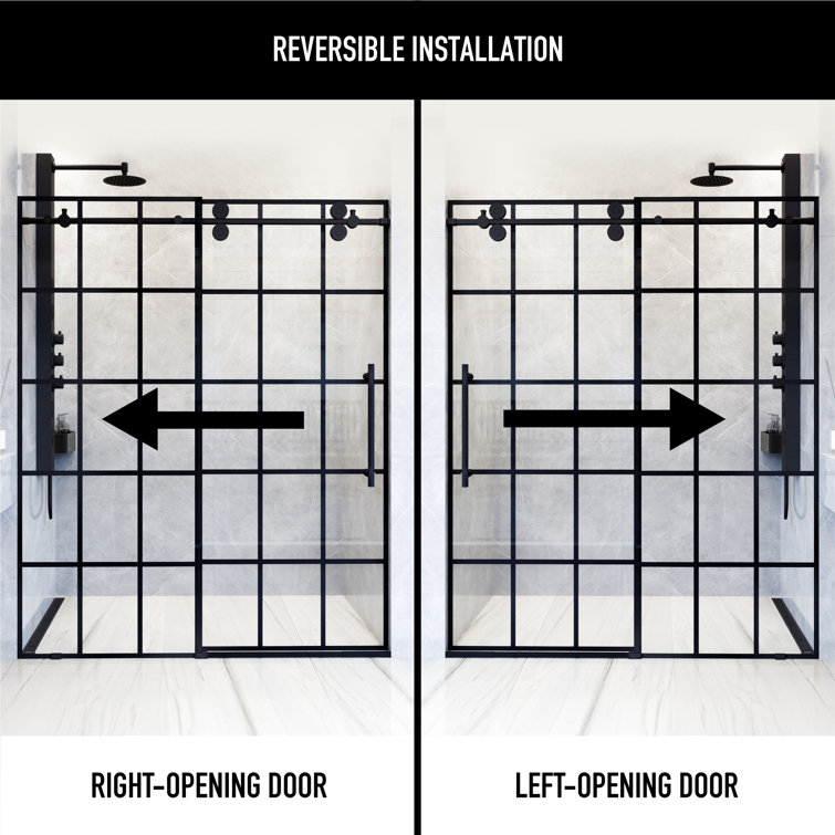 Elan Matte Black Frameless Sliding Shower Door with Clear Grid Glass