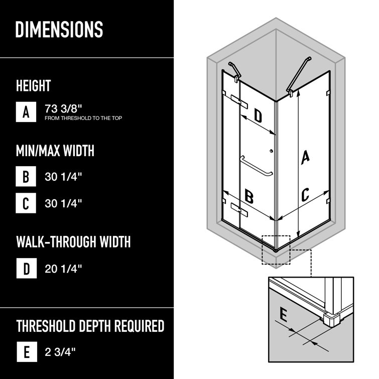 Monteray Frameless Clear Glass Hinged Shower Enclosure with Brushed Nickel Hardware