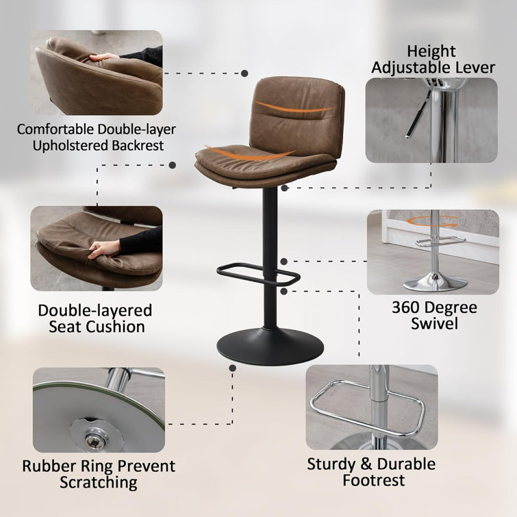 Adjustable Brown Faux Leather Swivel Bar Stools with Metal Frame