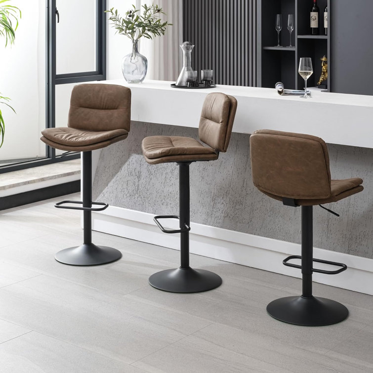 Adjustable Brown Faux Leather Swivel Bar Stools with Metal Frame, Set of 3