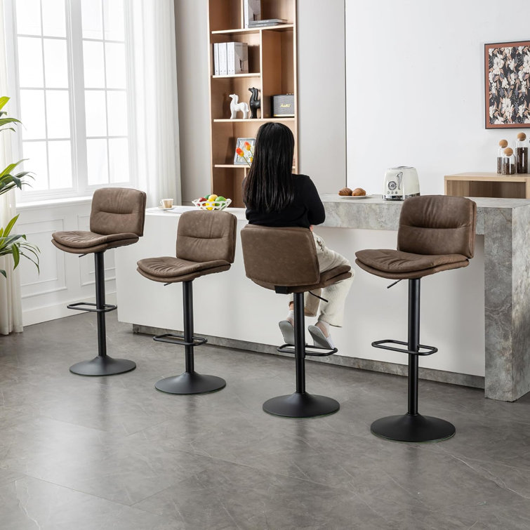 Adjustable Brown Faux Leather Swivel Bar Stools with Metal Frame