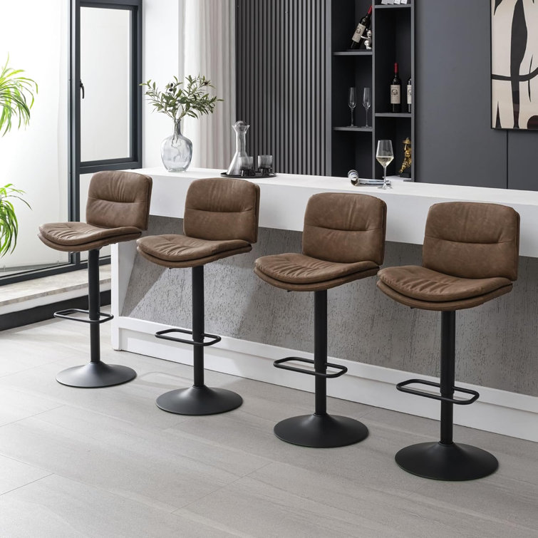 Adjustable Brown Faux Leather Swivel Bar Stools with Metal Frame