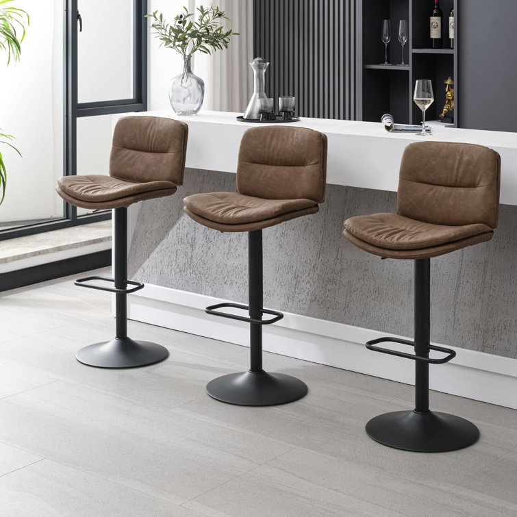 Adjustable Brown Faux Leather Swivel Bar Stools with Metal Frame, Set of 3
