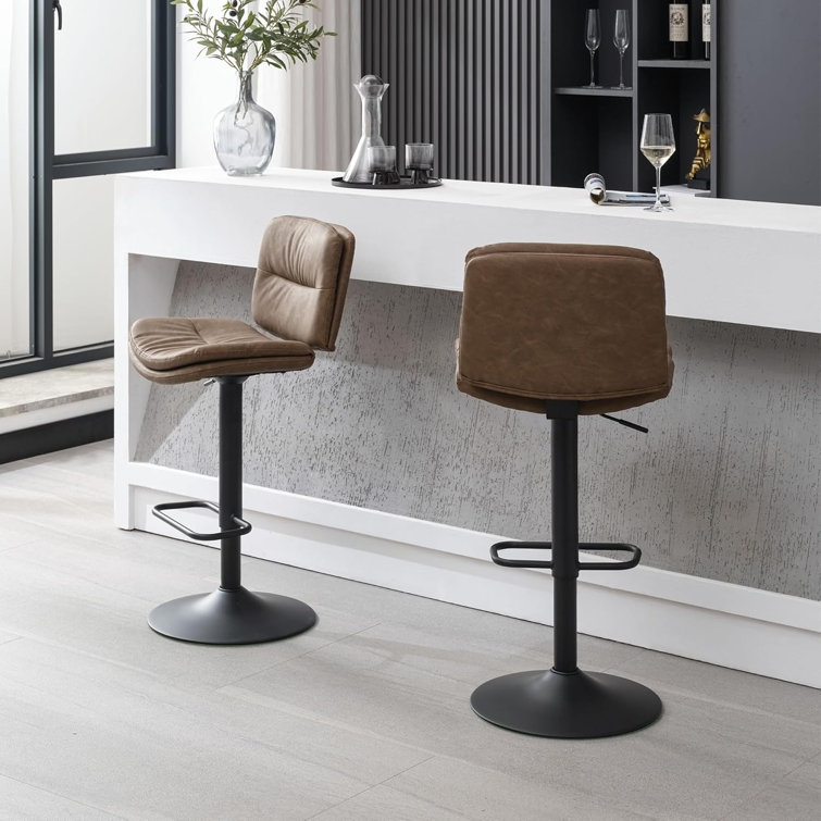 Adjustable Brown Faux Leather Swivel Bar Stools with Metal Frame, Set of 3