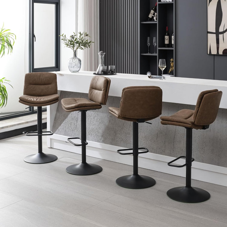 Adjustable Brown Faux Leather Swivel Bar Stools with Metal Frame