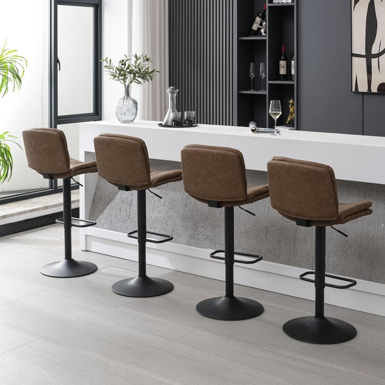 Adjustable Brown Faux Leather Swivel Bar Stools with Metal Frame
