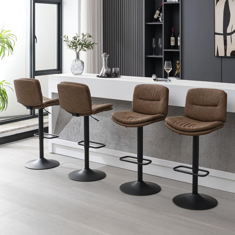 Adjustable Brown Faux Leather Swivel Bar Stools with Metal Frame