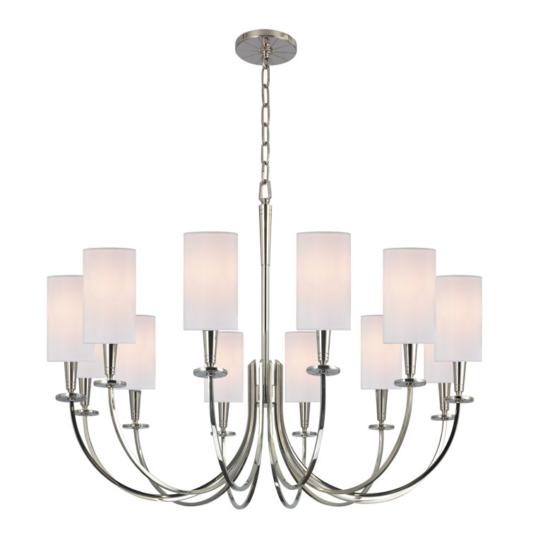 Polished Nickel 12-Light Chandelier with White Faux Silk Shades