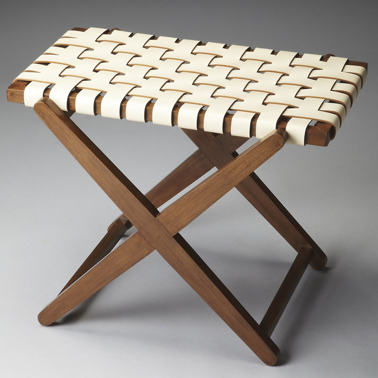White Leather and Birch Wood Folding Luggage Rack