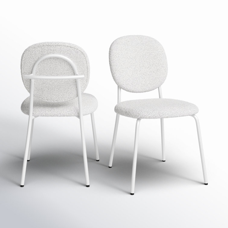 White Boucle Upholstered Side Chair with Metal Legs, Set of 2