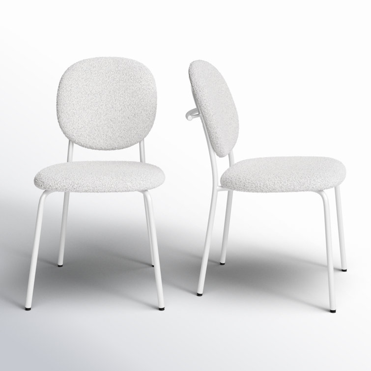 White Boucle Upholstered Side Chair with Metal Legs, Set of 2