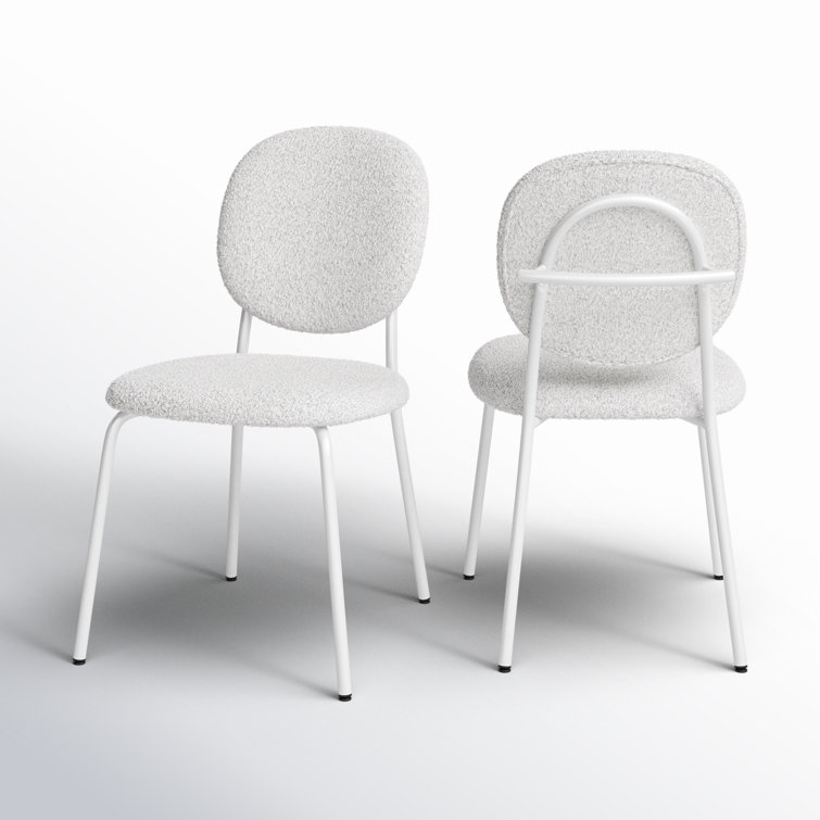 White Boucle Upholstered Side Chair with Metal Legs, Set of 2