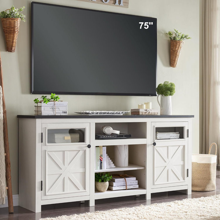 White Farmhouse TV Stand with Cabinets for 75" TVs