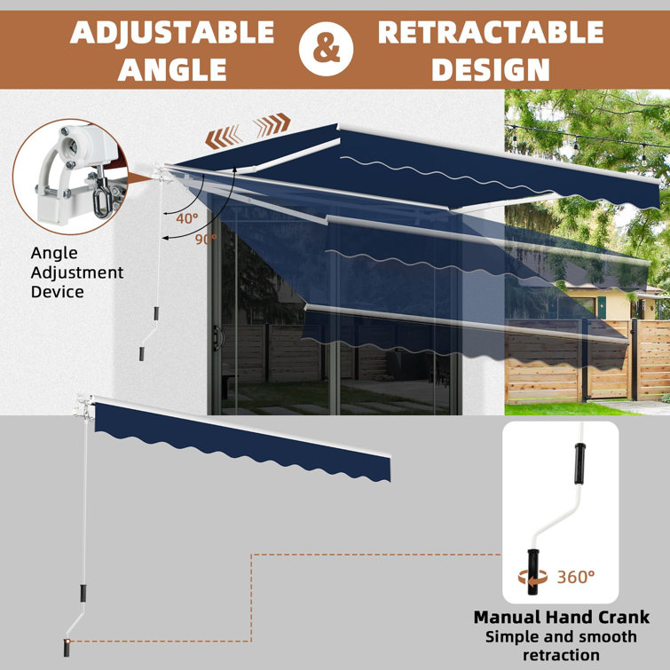 Navy Blue Retractable Patio Awning with Manual Crank Handle