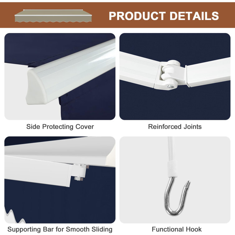 Navy Blue Retractable Patio Awning with Manual Crank Handle