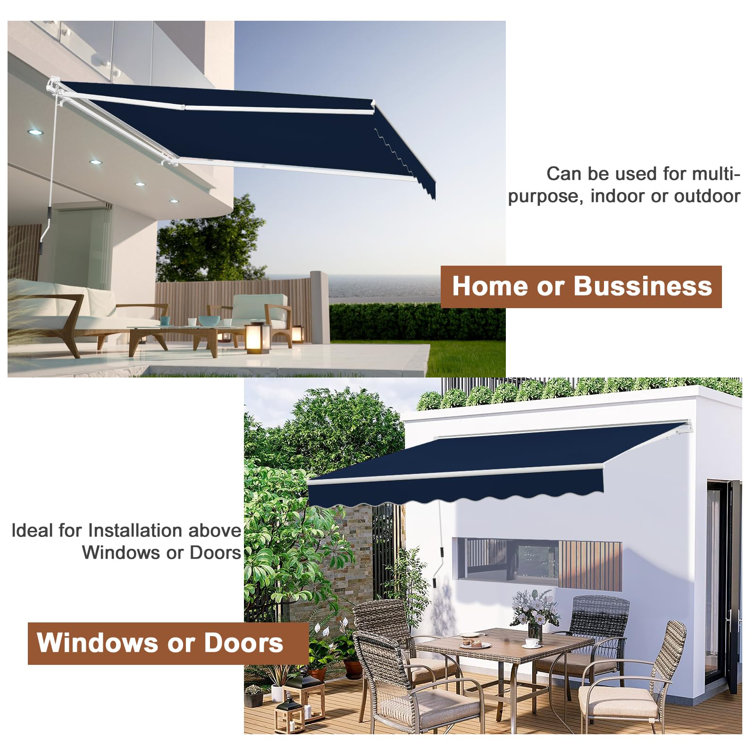 Navy Blue Retractable Patio Awning with Manual Crank Handle