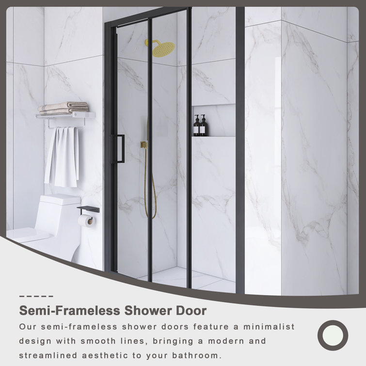54" x 70" Matte Black Sliding Semi-Frameless Shower Door