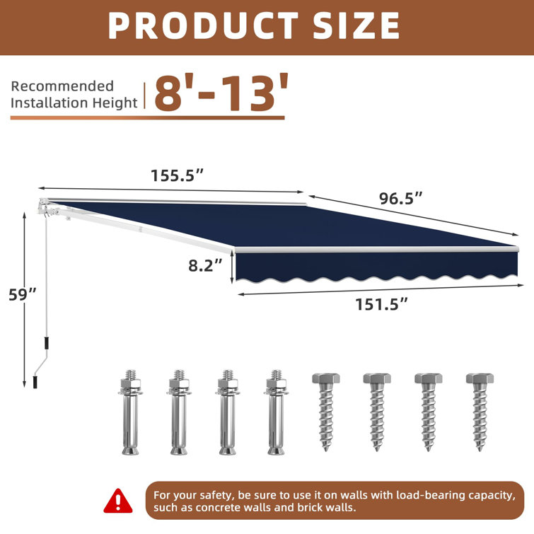 Navy Blue Retractable Patio Awning with Manual Crank Handle