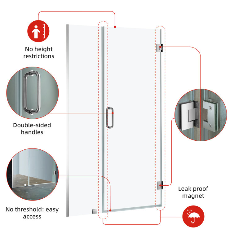47" Chrome Frameless Pivot Shower Door with Clear Tempered Glass
