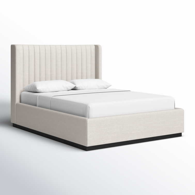 Beige Linen Upholstered Queen Bed with Tufted Headboard