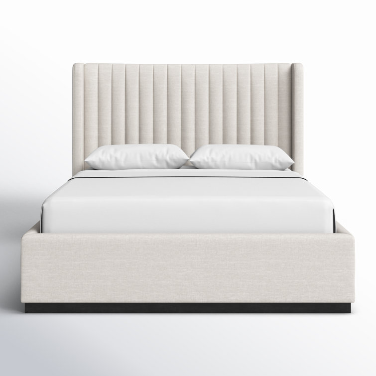 Beige Linen Upholstered Queen Bed with Tufted Headboard