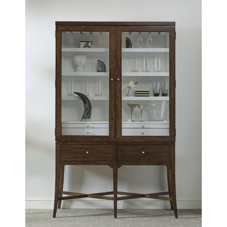 Modern Brown Wood Bar Cabinet with Glass Doors and Storage