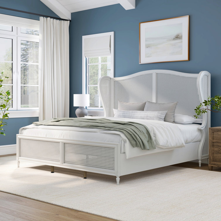 Antique White King Sausalito Bed with Cane Wingback Design