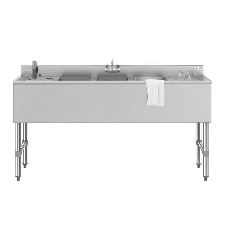 60 in. Stainless Steel Commercial Bar Sink with Copper Faucet and Dual Drainboards