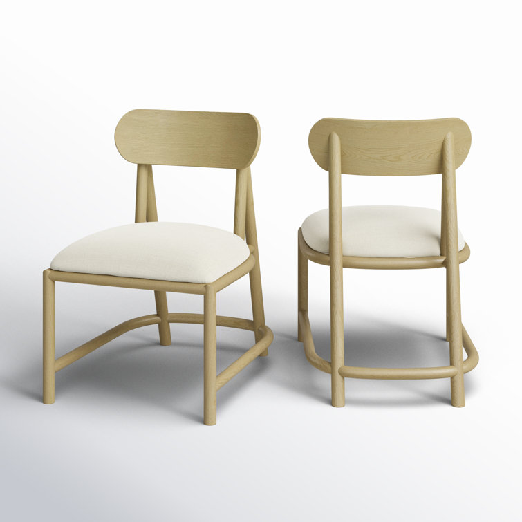 Beige Upholstered Oak Wood Dining Chairs, Set of 2