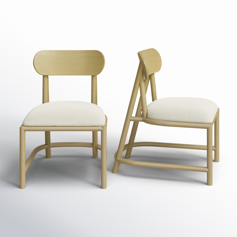 Beige Upholstered Oak Wood Dining Chairs, Set of 2