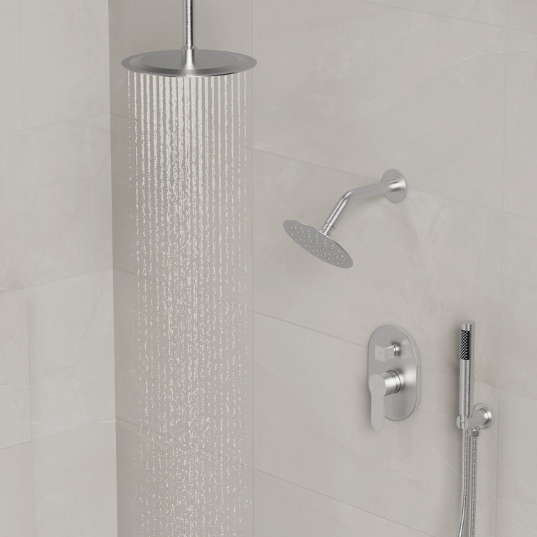 Brushed Nickel Dual Shower Head System with Handheld Spray