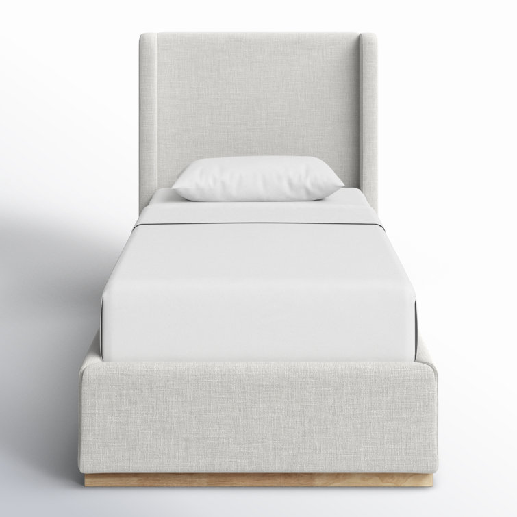 Cream Linen Twin Upholstered Wood Frame Bed with Tall Headboard