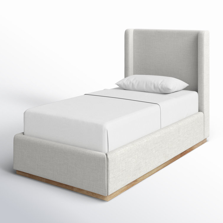 Cream Linen Twin Upholstered Wood Frame Bed with Tall Headboard