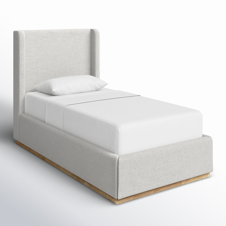 Cream Linen Twin Upholstered Wood Frame Bed with Tall Headboard