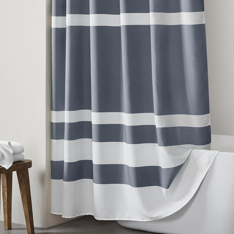 Dark Blue and White Striped Fabric Shower Curtain