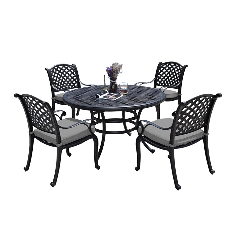 Gray Cushioned 5-Piece Cast Aluminum Round Dining Set