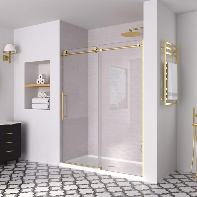Brushed Gold Frameless Sliding Shower Door with Clear Tempered Glass