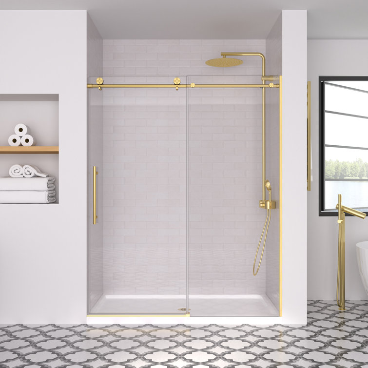 Brushed Gold Frameless Sliding Shower Door with Clear Tempered Glass