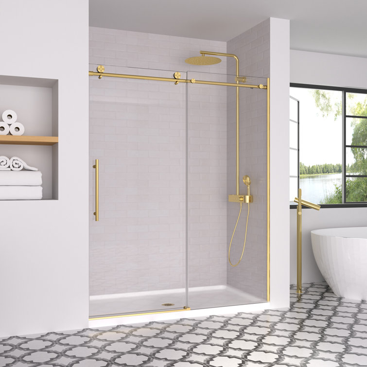 Brushed Gold Frameless Sliding Shower Door with Clear Tempered Glass