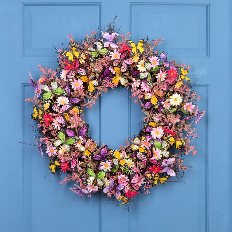 Vibrant Multicolor Spring Grapevine Wreath with Butterflies and Daisies