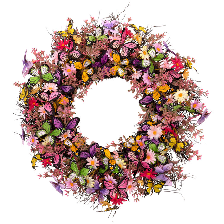 Vibrant Multicolor Spring Grapevine Wreath with Butterflies and Daisies