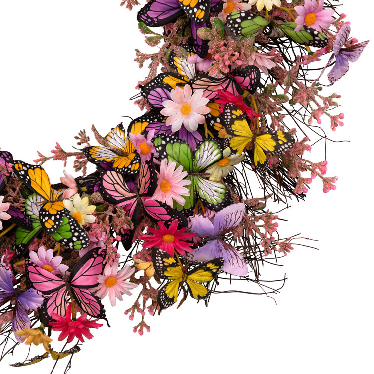 Vibrant Multicolor Spring Grapevine Wreath with Butterflies and Daisies