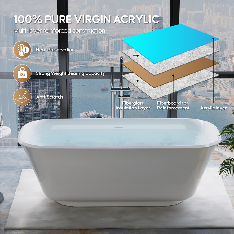 67'' White Acrylic Freestanding Soaking Bathtub with Chrome Drain