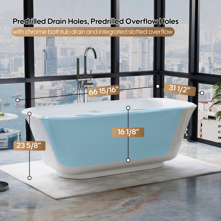 67'' White Acrylic Freestanding Soaking Bathtub with Chrome Drain